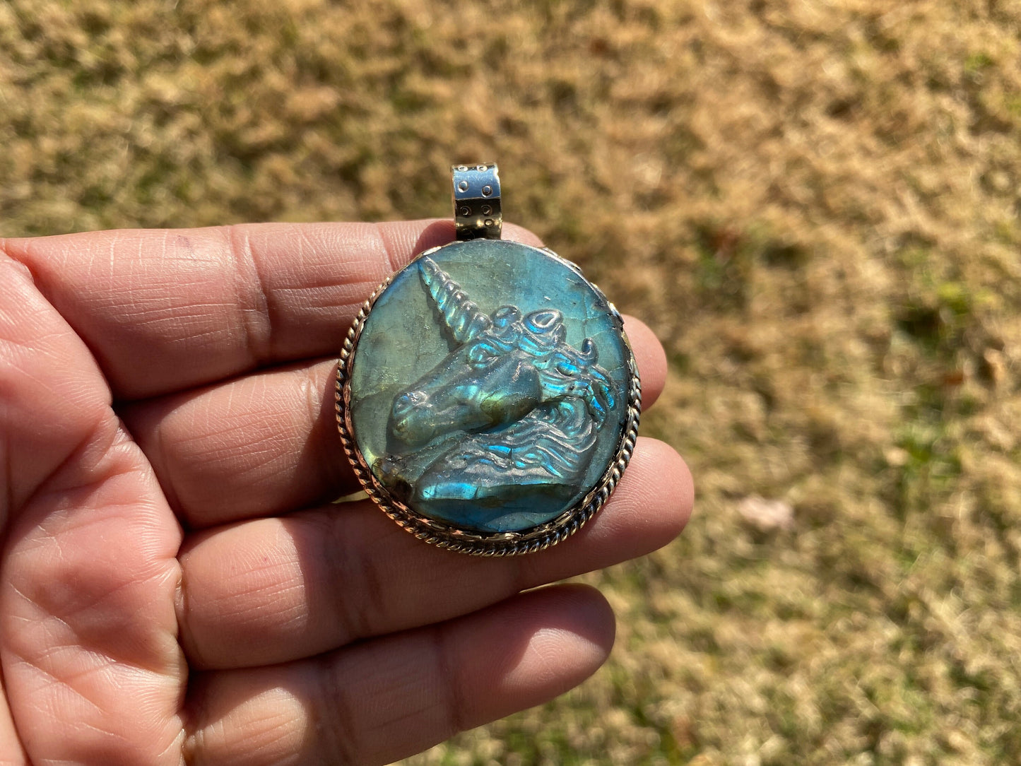 Hand Carved Unicorn Labradorite Tibetan Silver Pendant, Horse Pendant, Labradorite Unicorn, Healing Crystal, Animal Pendant, Animal Jewelry