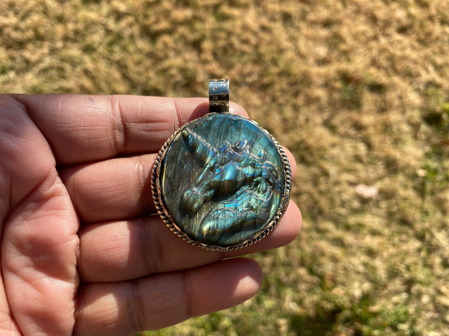 Hand Carved Unicorn Labradorite Tibetan Silver Pendant, Horse Pendant, Labradorite Unicorn, Healing Crystal, Animal Pendant, Animal Jewelry