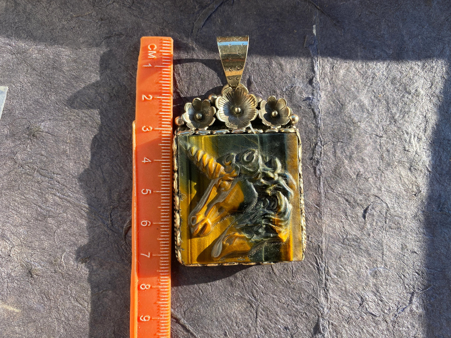 Hand Carved Unicorn Tiger Eye Natural Stone Tibetan Silver Pendant, Horse Pendant, Wildlife Jewelry, Animal Pendant, Natural Gemstone