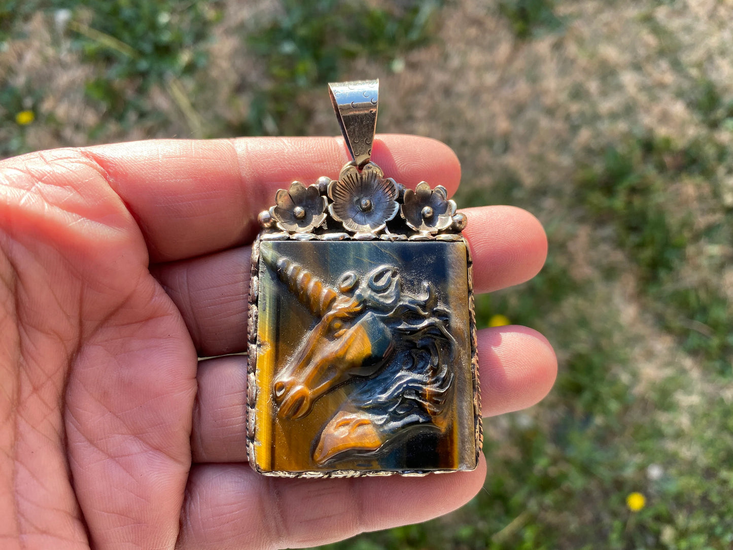 Hand Carved Unicorn Tiger Eye Natural Stone Tibetan Silver Pendant, Horse Pendant, Wildlife Jewelry, Animal Pendant, Natural Gemstone