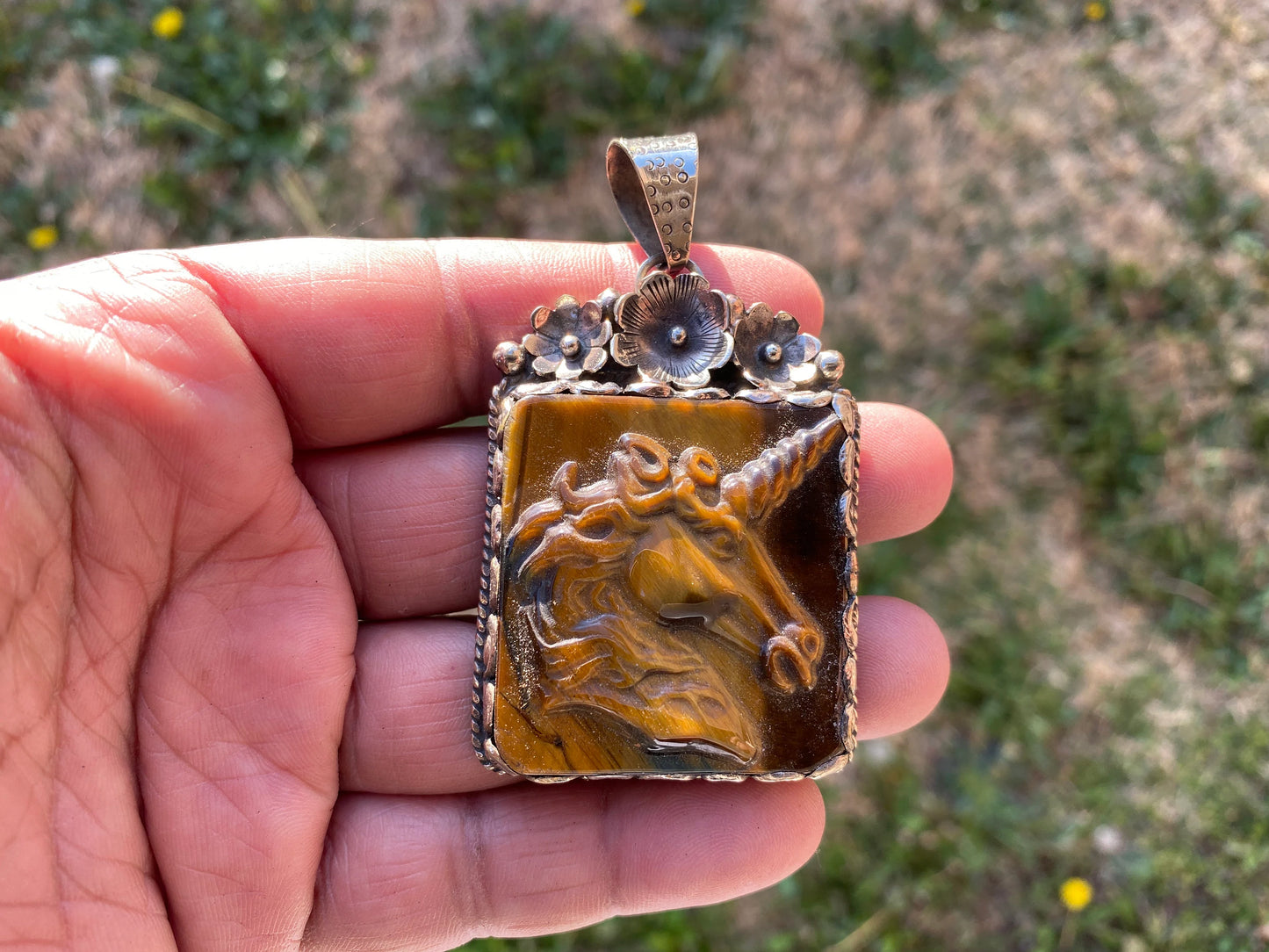 Hand Carved Unicorn Tiger Eye Natural Stone Tibetan Silver Pendant, Horse Pendant, Wildlife Jewelry, Animal Pendant, Natural Gemstone