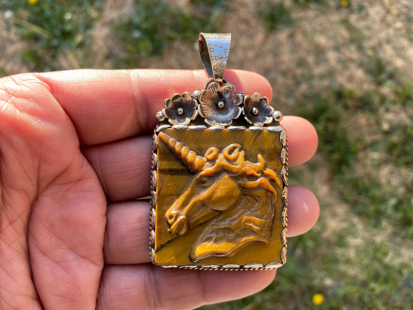 Hand Carved Unicorn Tiger Eye Natural Stone Tibetan Silver Pendant, Horse Pendant, Wildlife Jewelry, Animal Pendant, Natural Gemstone