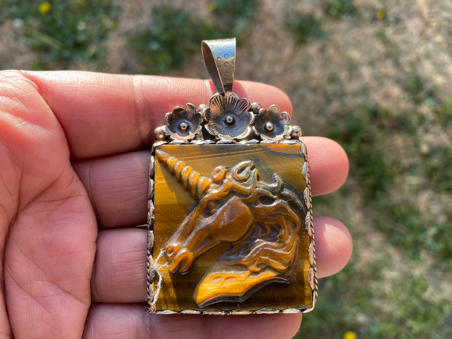 Hand Carved Unicorn Tiger Eye Natural Stone Tibetan Silver Pendant, Horse Pendant, Wildlife Jewelry, Animal Pendant, Natural Gemstone