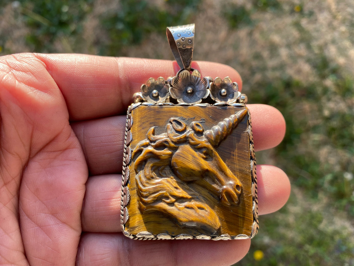 Hand Carved Unicorn Tiger Eye Natural Stone Tibetan Silver Pendant, Horse Pendant, Wildlife Jewelry, Animal Pendant, Natural Gemstone