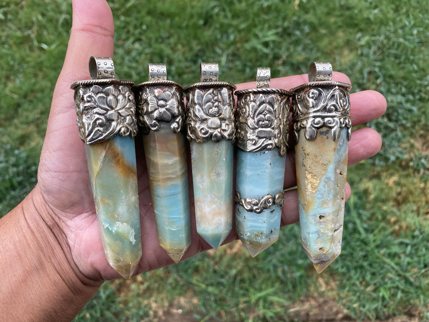Huge Pointed Amazonite Crystal Tibetan Silver Pendant, Unique Design, Healing Point Crystal, Obelisk Crystal, Balancing Gem, Unique Jewelry