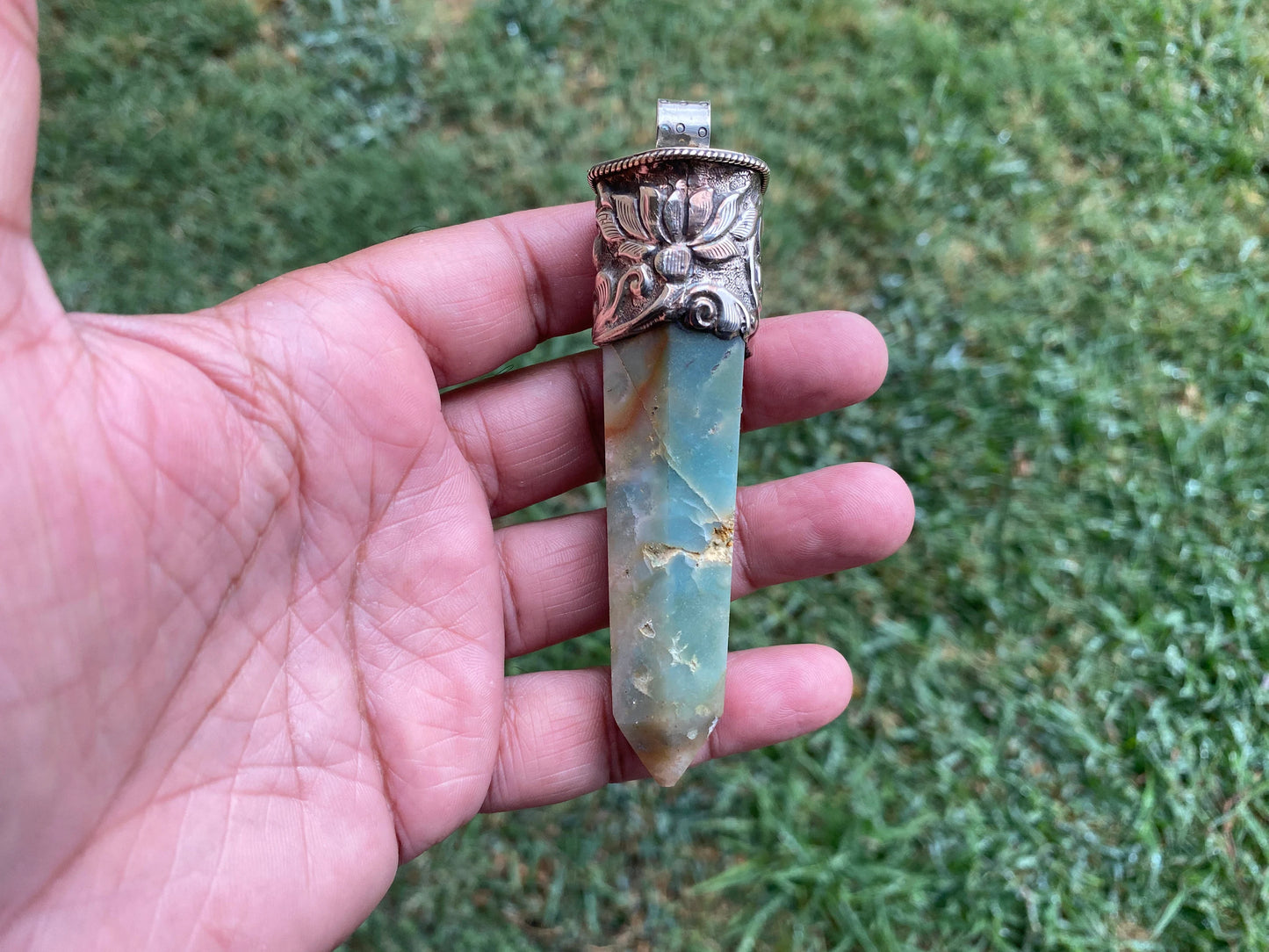 Huge Pointed Amazonite Crystal Tibetan Silver Pendant, Unique Design, Healing Point Crystal, Obelisk Crystal, Balancing Gem, Unique Jewelry