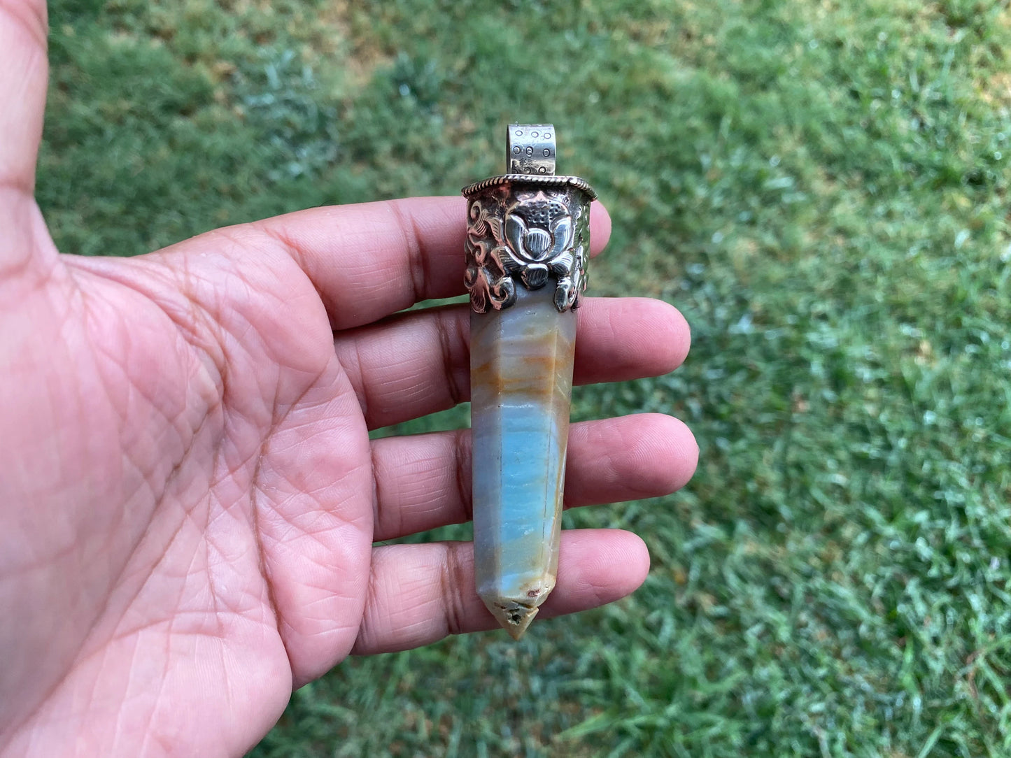Huge Pointed Amazonite Crystal Tibetan Silver Pendant, Unique Design, Healing Point Crystal, Obelisk Crystal, Balancing Gem, Unique Jewelry