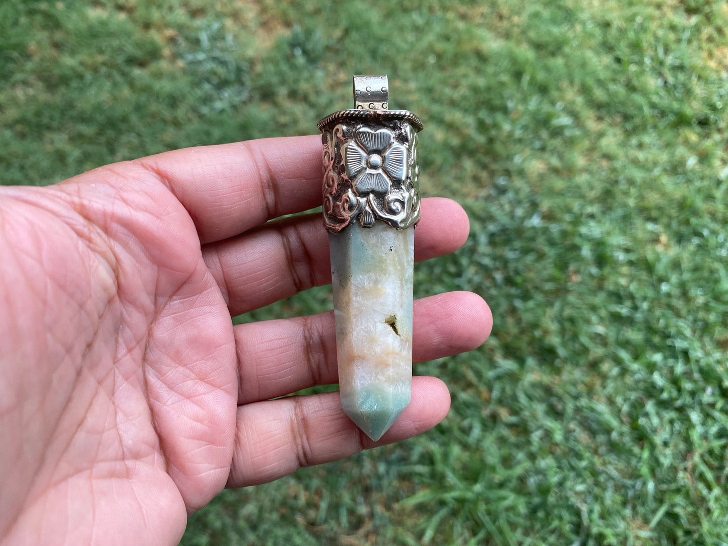 Huge Pointed Amazonite Crystal Tibetan Silver Pendant, Unique Design, Healing Point Crystal, Obelisk Crystal, Balancing Gem, Unique Jewelry