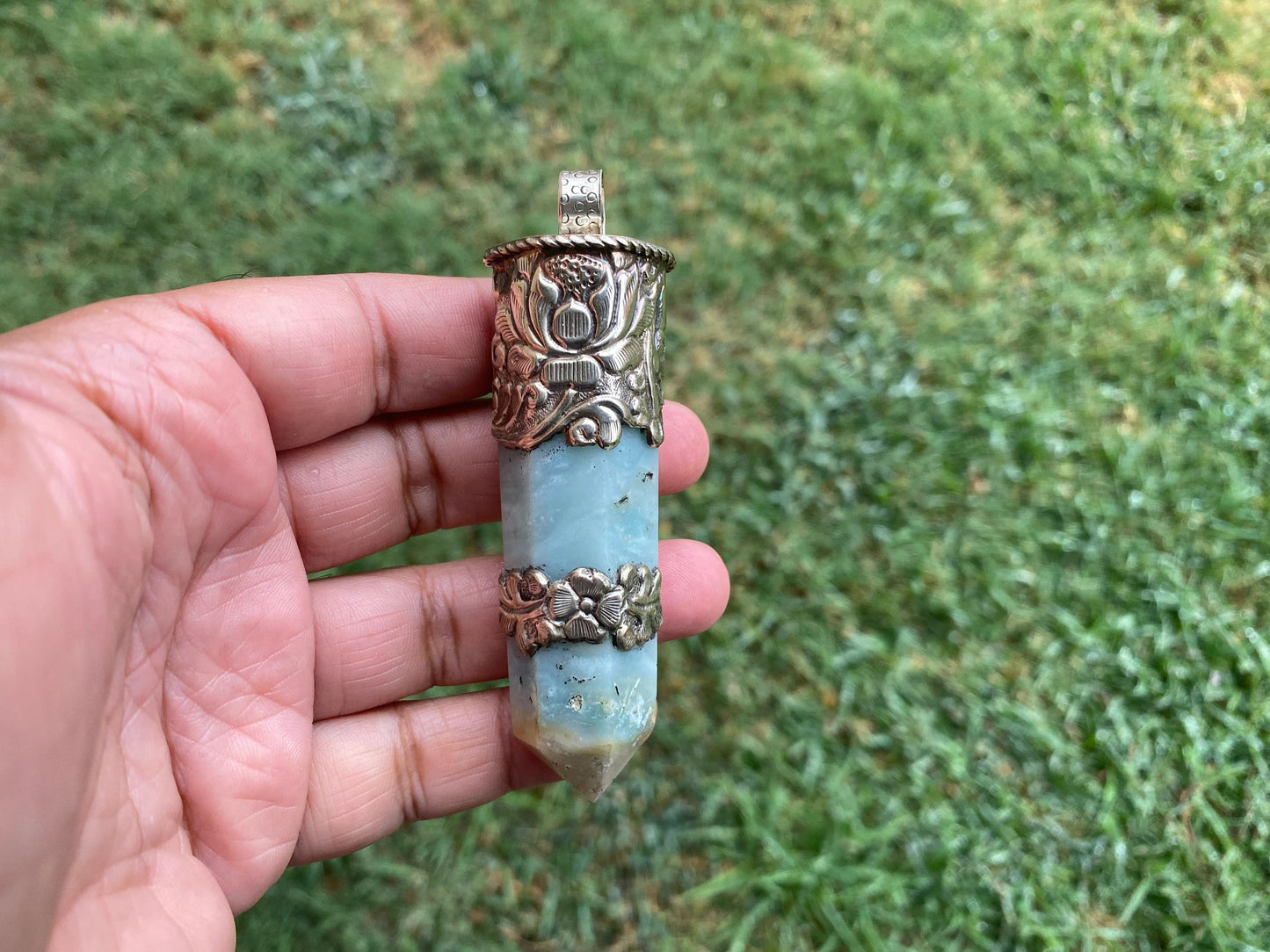 Huge Pointed Amazonite Crystal Tibetan Silver Pendant, Unique Design, Healing Point Crystal, Obelisk Crystal, Balancing Gem, Unique Jewelry