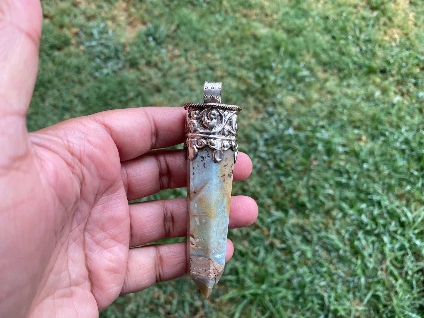 Huge Pointed Amazonite Crystal Tibetan Silver Pendant, Unique Design, Healing Point Crystal, Obelisk Crystal, Balancing Gem, Unique Jewelry