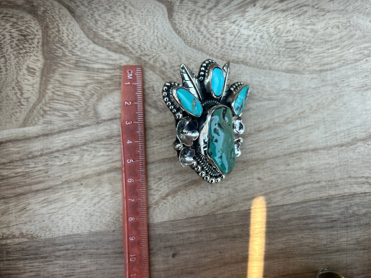 Adjustable Natural Turquoise Statement Ring, Tibetan Silver, Handmade Boho Tribal Style