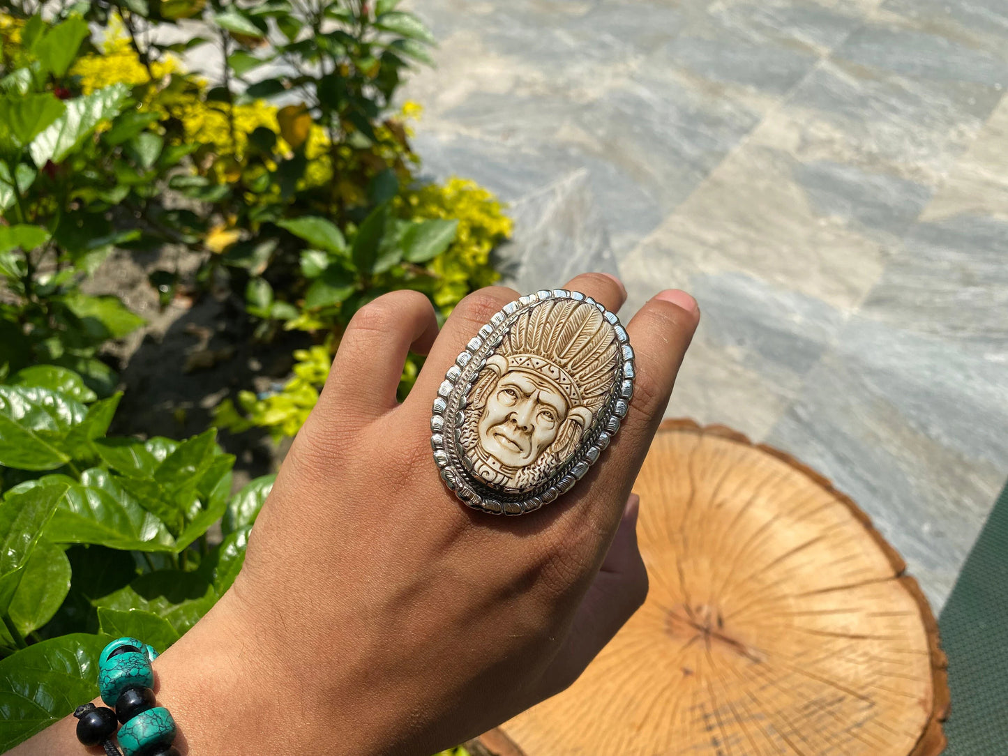 Indian Chief Carving on Buffalo Bone, Tibetan Silver Ring, Adjustable ring.