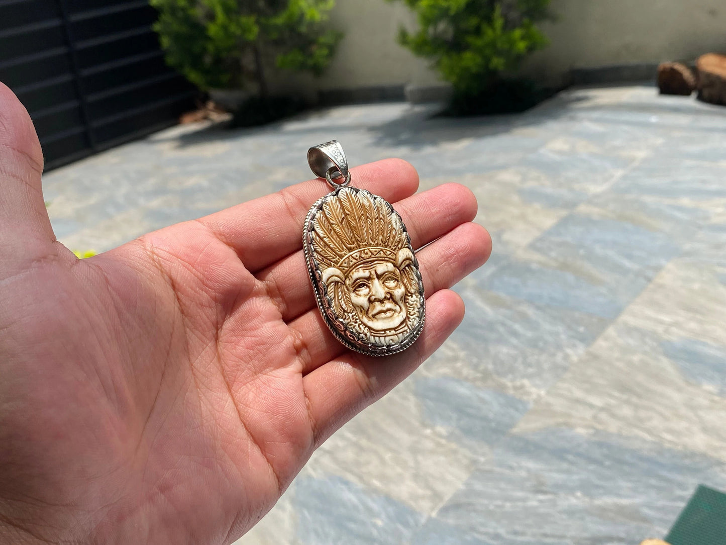 Indian Chief Head Carved on Buffalo Bone, Unique Bone Pendant, Tibetan Silver Pendant, Boho fashion, Unisex pendant for daily wear.