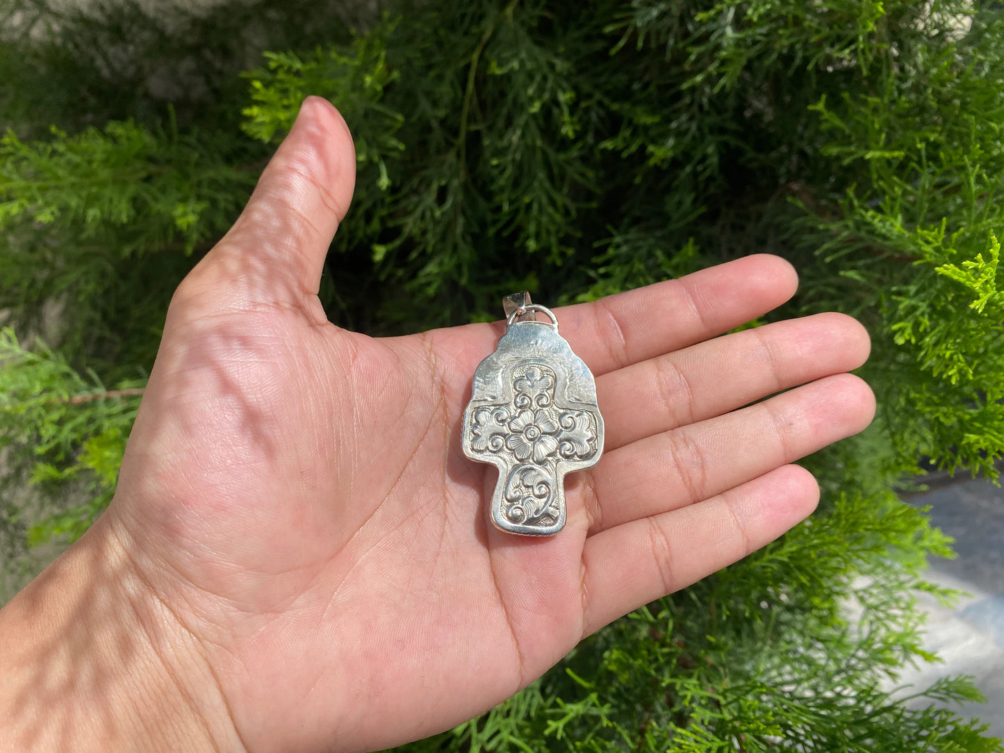 Intricately Designed Buffalo Bone Cross with Tibetan Silver Floral Accents, Trending Cross Pendant