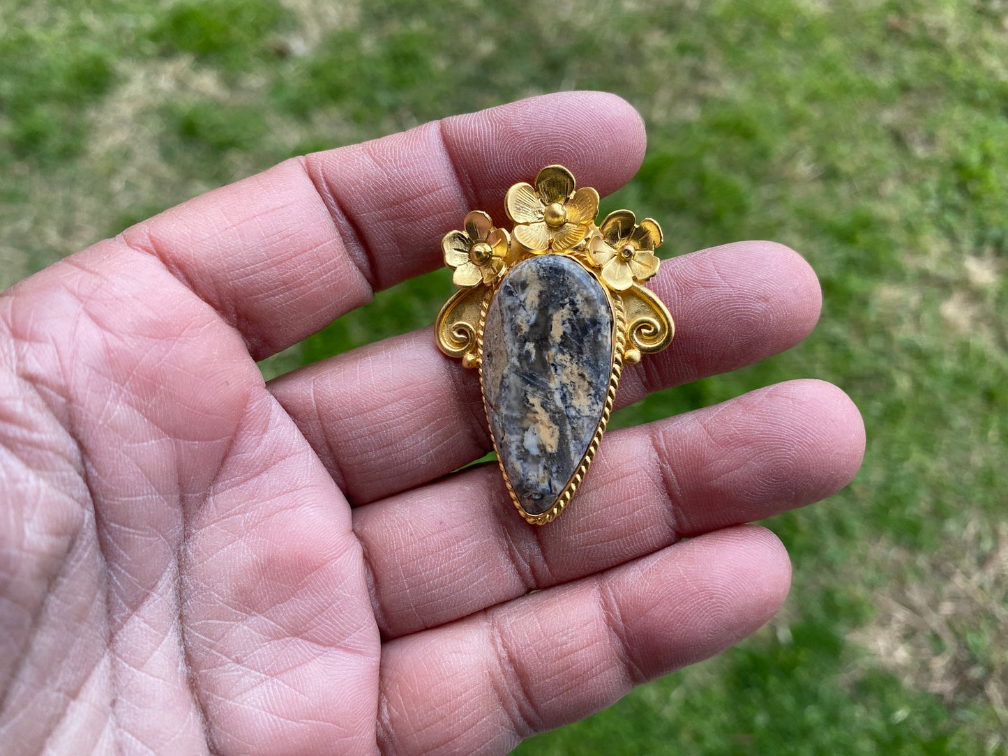 Jasper Brushed Gold Overlay Non Tarnish Small Natural Jasper Pendant, Flower Design, Unique Jewelry For Nature Lover, Natural Stone Pendant