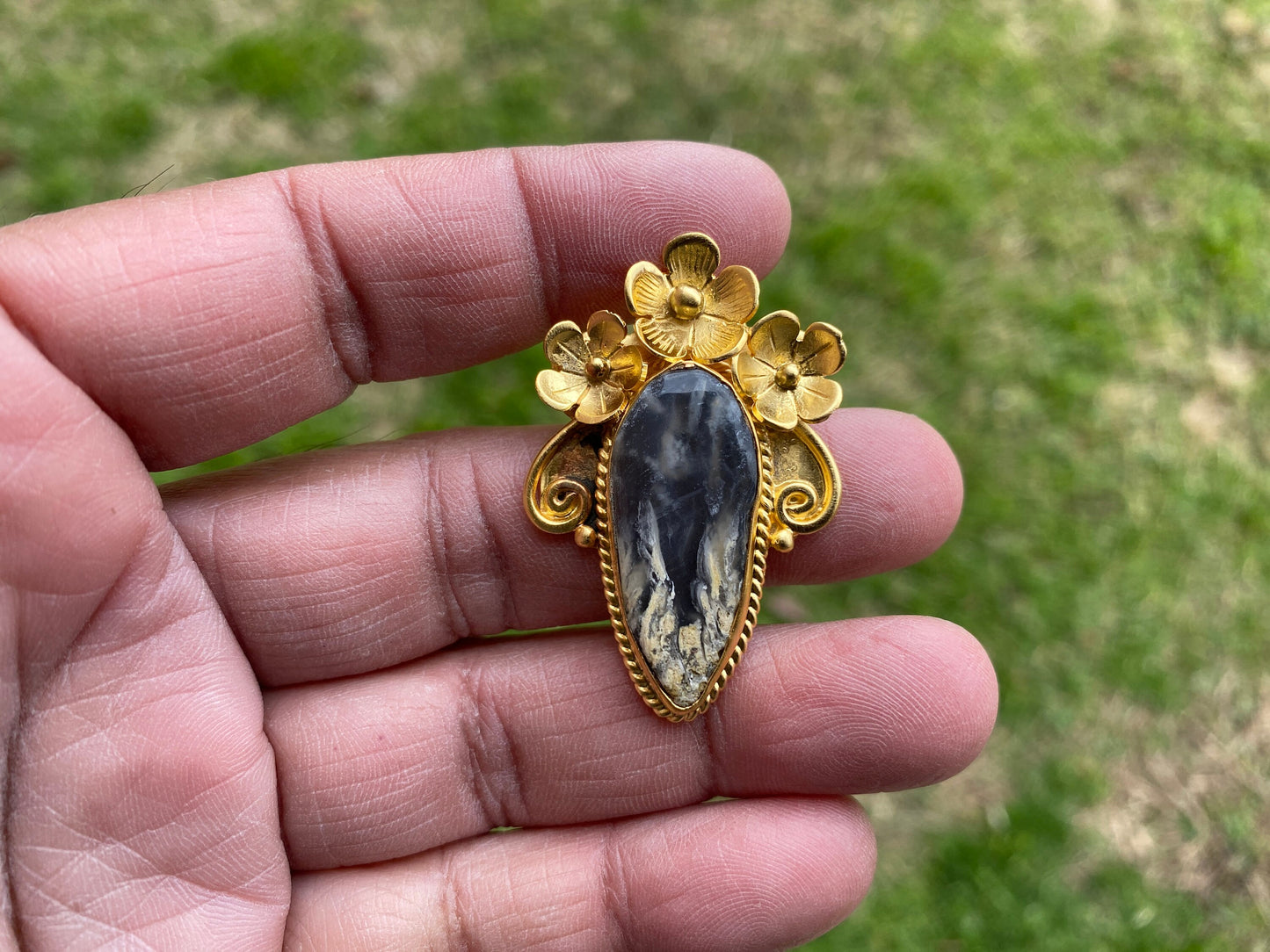Jasper Brushed Gold Overlay Non Tarnish Small Natural Jasper Pendant, Flower Design, Unique Jewelry For Nature Lover, Natural Stone Pendant