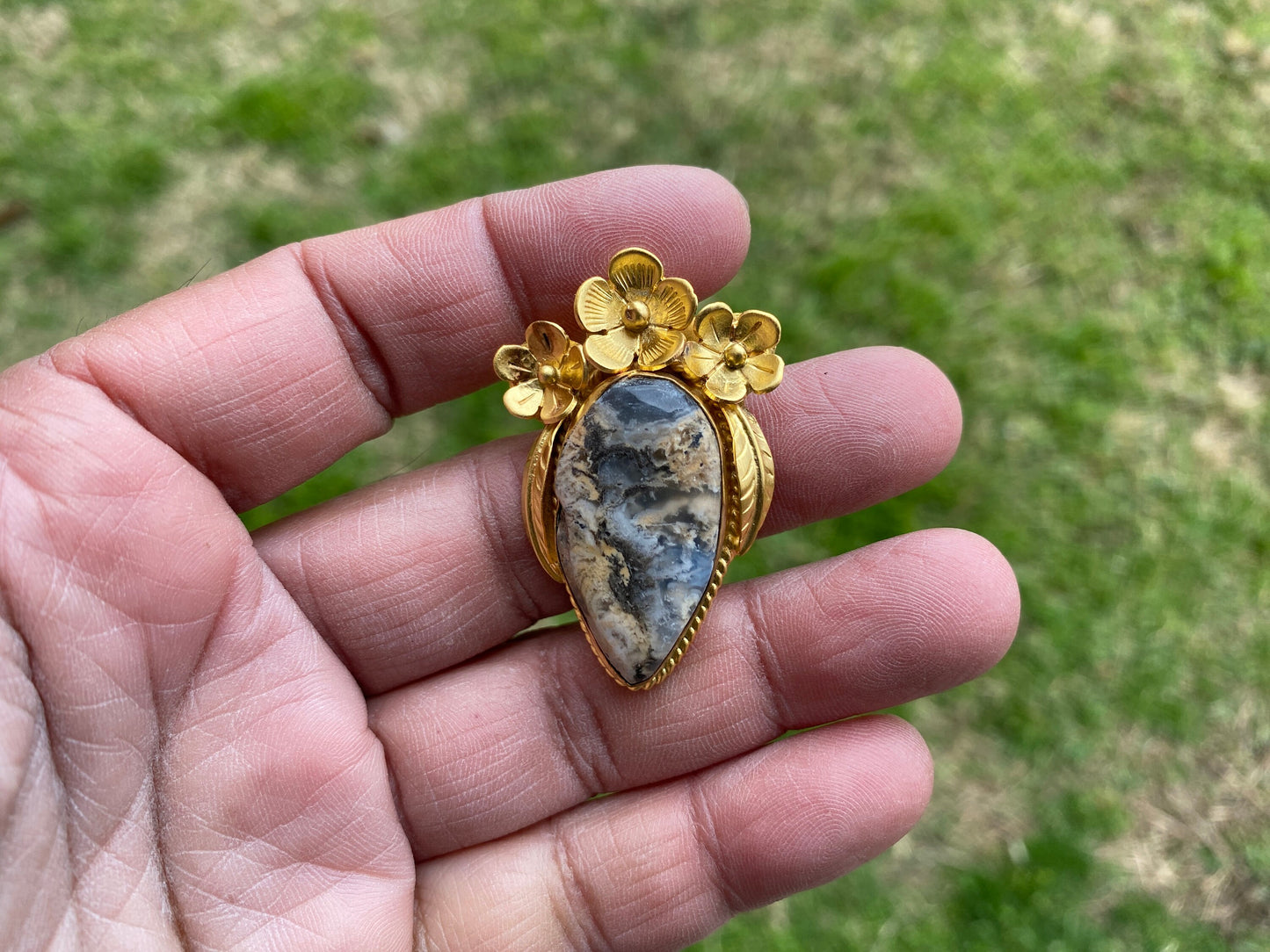 Jasper Brushed Gold Overlay Non Tarnish Small Natural Jasper Pendant, Flower Design, Unique Jewelry For Nature Lover, Natural Stone Pendant