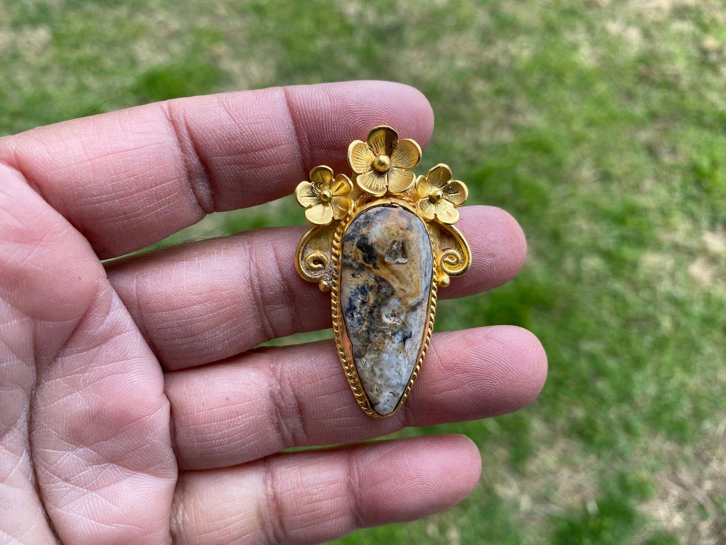 Jasper Brushed Gold Overlay Non Tarnish Small Natural Jasper Pendant, Flower Design, Unique Jewelry For Nature Lover, Natural Stone Pendant