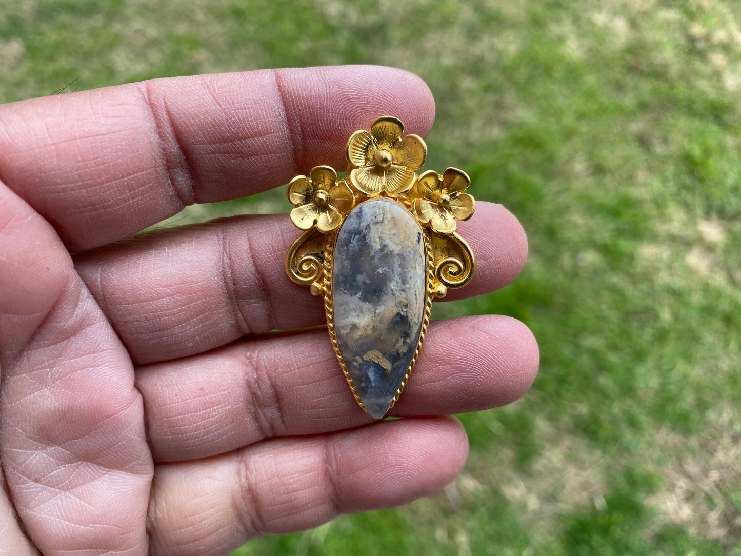 Jasper Brushed Gold Overlay Non Tarnish Small Natural Jasper Pendant, Flower Design, Unique Jewelry For Nature Lover, Natural Stone Pendant