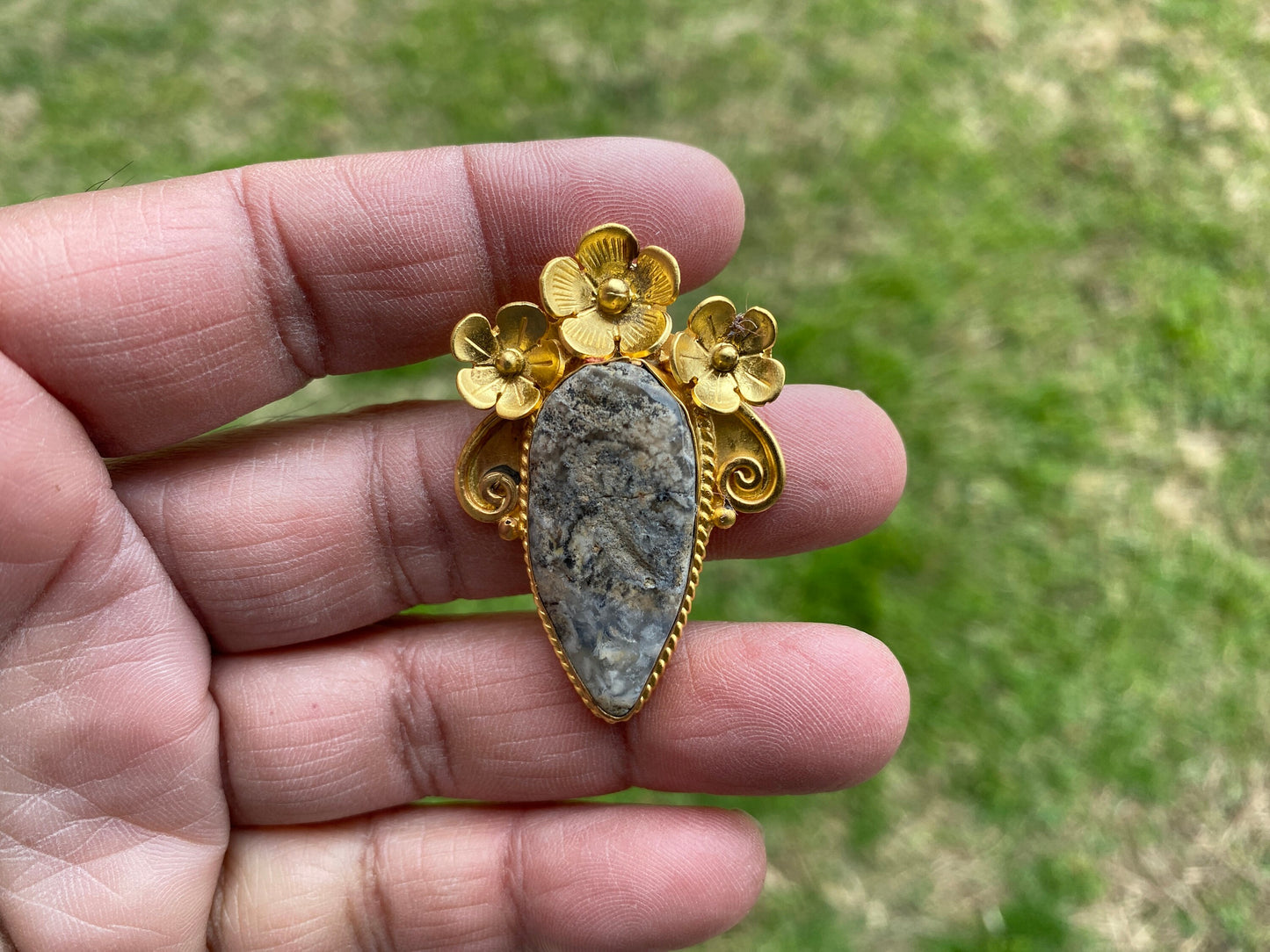 Jasper Brushed Gold Overlay Non Tarnish Small Natural Jasper Pendant, Flower Design, Unique Jewelry For Nature Lover, Natural Stone Pendant