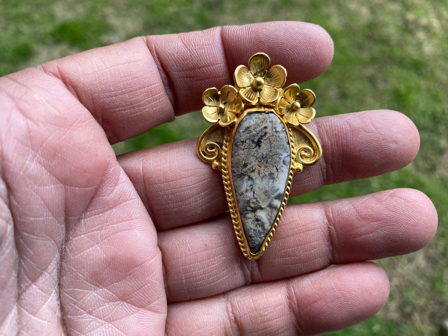 Jasper Gold Overlay Non Tarnish Small Pendant with Natural Jasper, Flower Design, Unique Jewelry For Nature Lover, Natural Stone Pendant