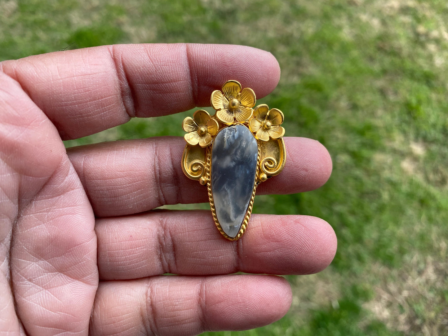 Jasper Gold Overlay Non Tarnish Small Pendant with Natural Jasper, Flower Design, Unique Jewelry For Nature Lover, Natural Stone Pendant