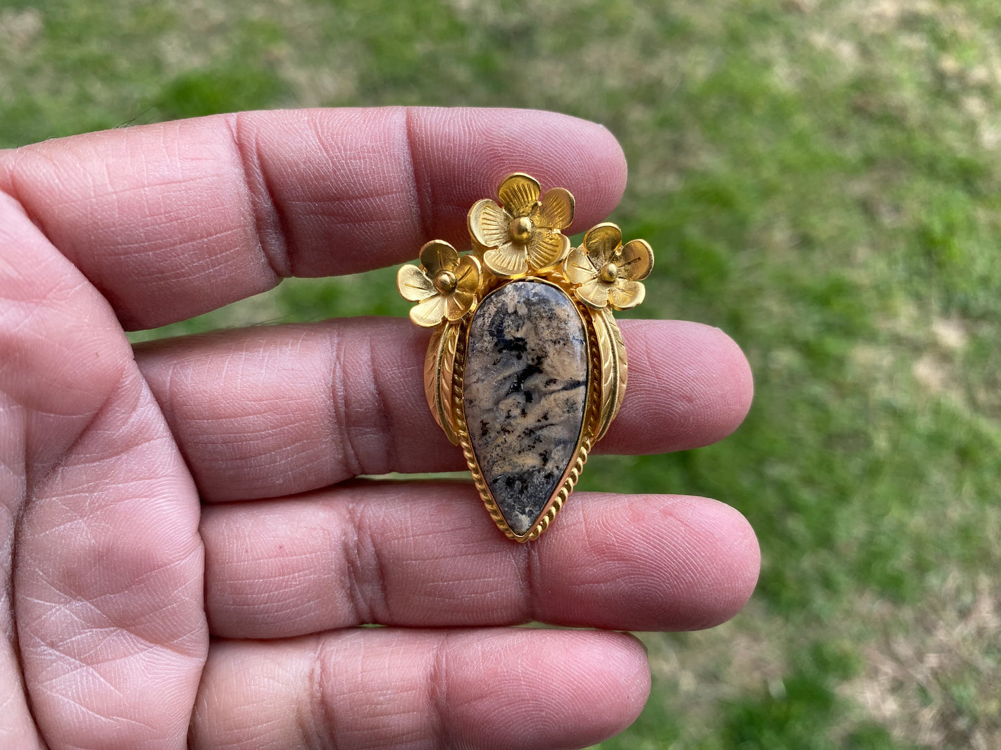 Jasper Gold Overlay Non Tarnish Small Pendant with Natural Jasper, Flower Design, Unique Jewelry For Nature Lover, Natural Stone Pendant