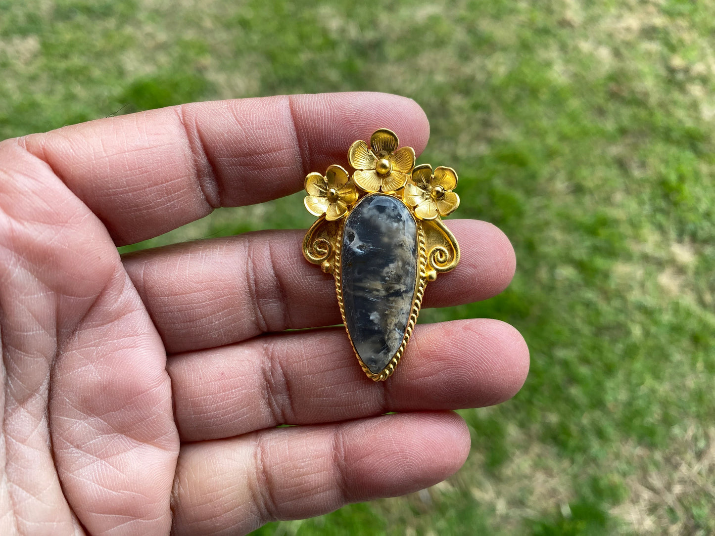 Jasper Gold Overlay Non Tarnish Small Pendant with Natural Jasper, Flower Design, Unique Jewelry For Nature Lover, Natural Stone Pendant