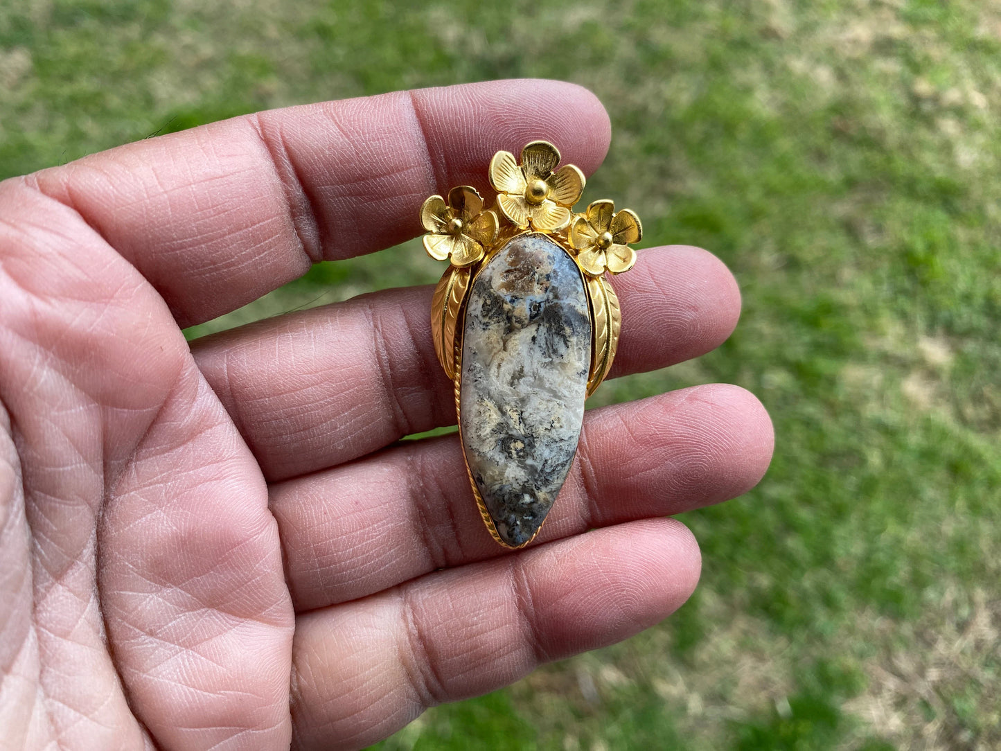Jasper Gold Overlay Non Tarnish Small Pendant with Natural Jasper, Flower Design, Unique Jewelry For Nature Lover, Natural Stone Pendant