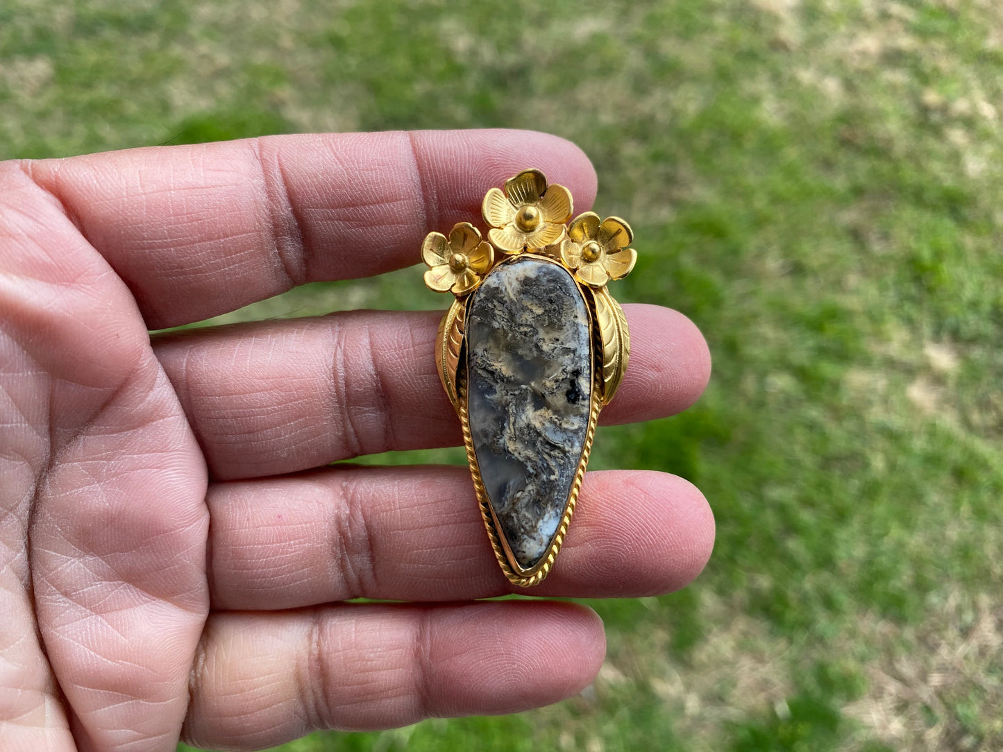 Jasper Gold Overlay Non Tarnish Small Pendant with Natural Jasper, Flower Design, Unique Jewelry For Nature Lover, Natural Stone Pendant