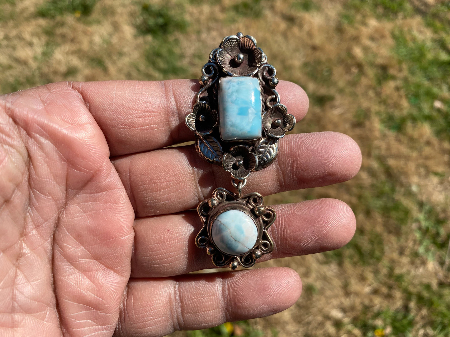 Larimar Natural Stone Tibetan Silver Pendant, Jewelry for Women, Ethnic Jewelry, Energy Stone Pendant, Birthstone, Hill Tribe Jewelry, Boho