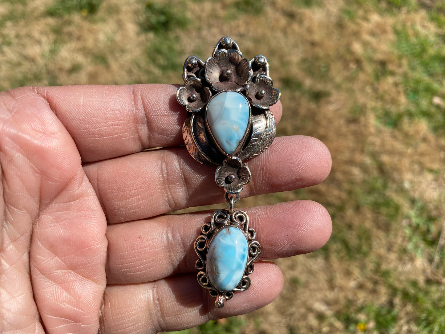 Larimar Natural Stone Tibetan Silver Pendant, Jewelry for Women, Ethnic Jewelry, Energy Stone Pendant, Birthstone, Hill Tribe Jewelry, Boho