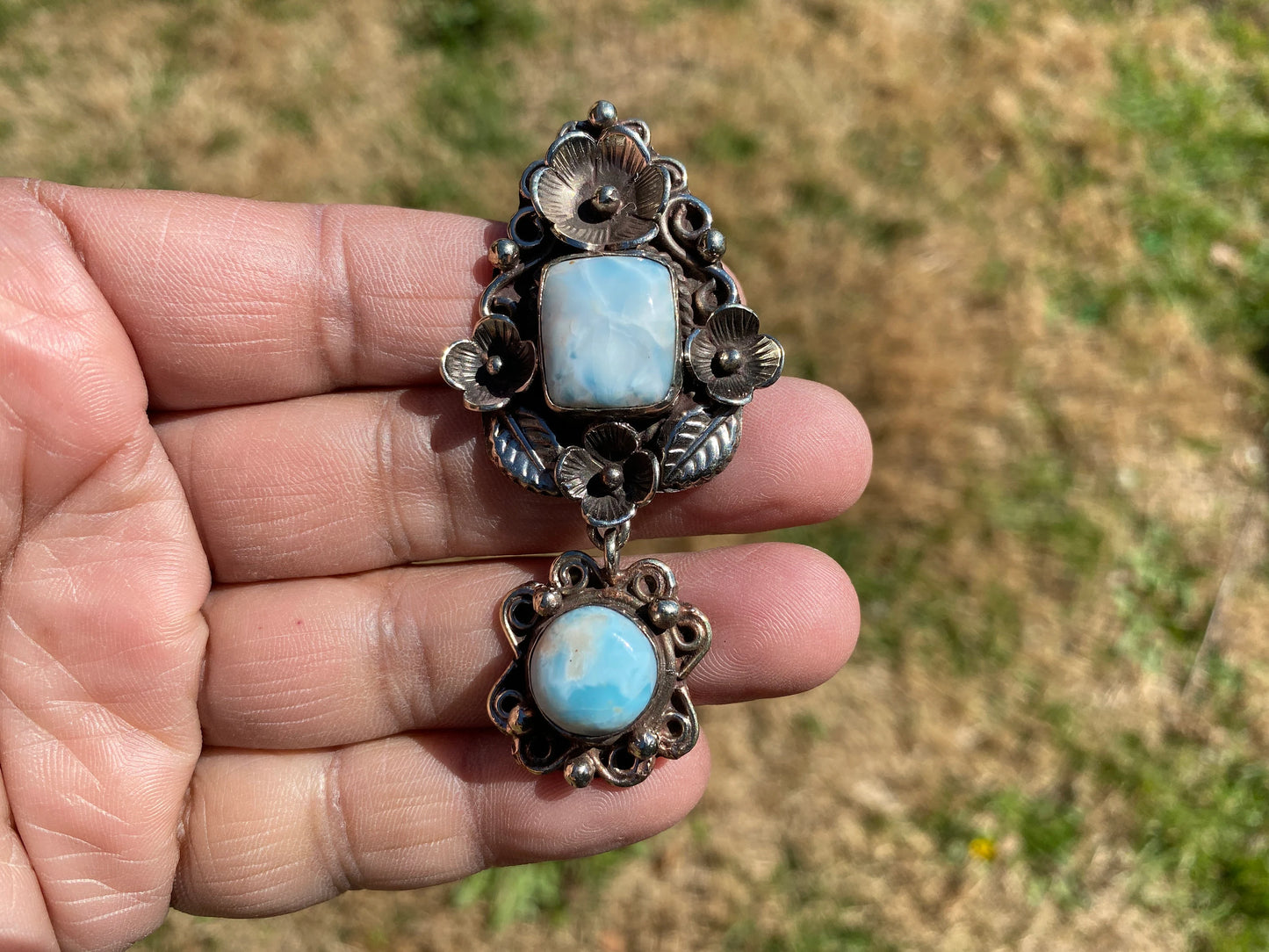 Larimar Natural Stone Tibetan Silver Pendant, Jewelry for Women, Ethnic Jewelry, Energy Stone Pendant, Birthstone, Hill Tribe Jewelry, Boho