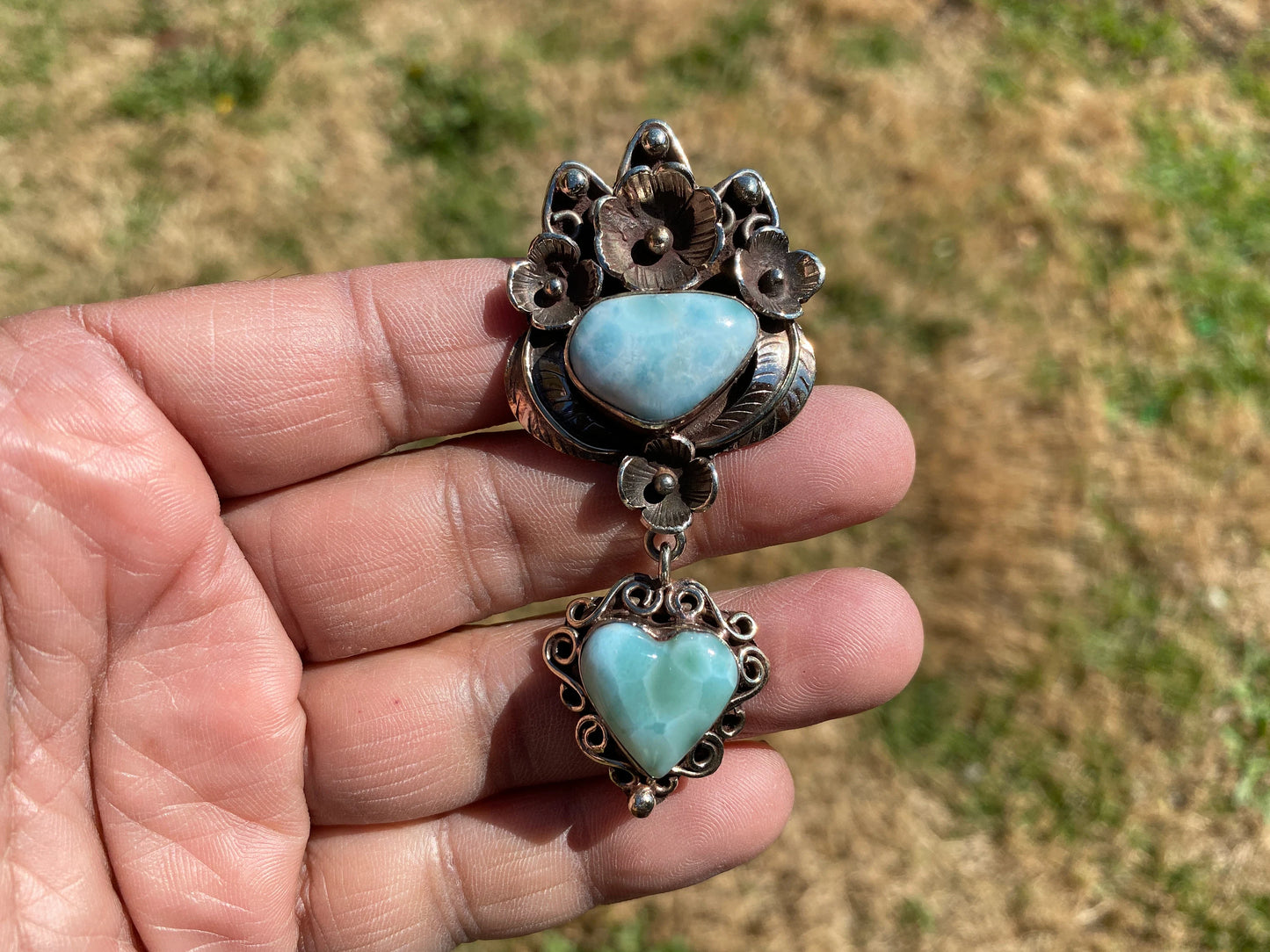 Larimar Natural Stone Tibetan Silver Pendant, Jewelry for Women, Ethnic Jewelry, Energy Stone Pendant, Birthstone, Hill Tribe Jewelry, Boho