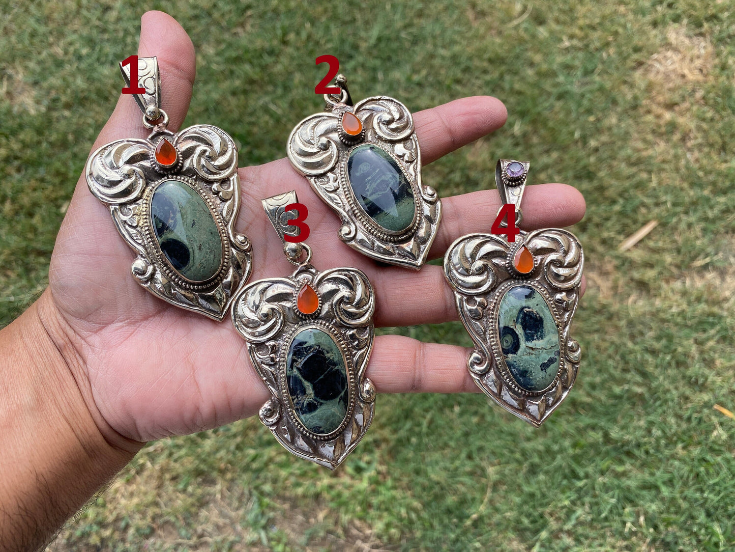 Kambaba Jasper Natural Stone With Carnelian, Tibetan Silver Pendant, Ethnic Jewelry, Jewelry for Women, Necklace Pendant, Bohemian Jewelry