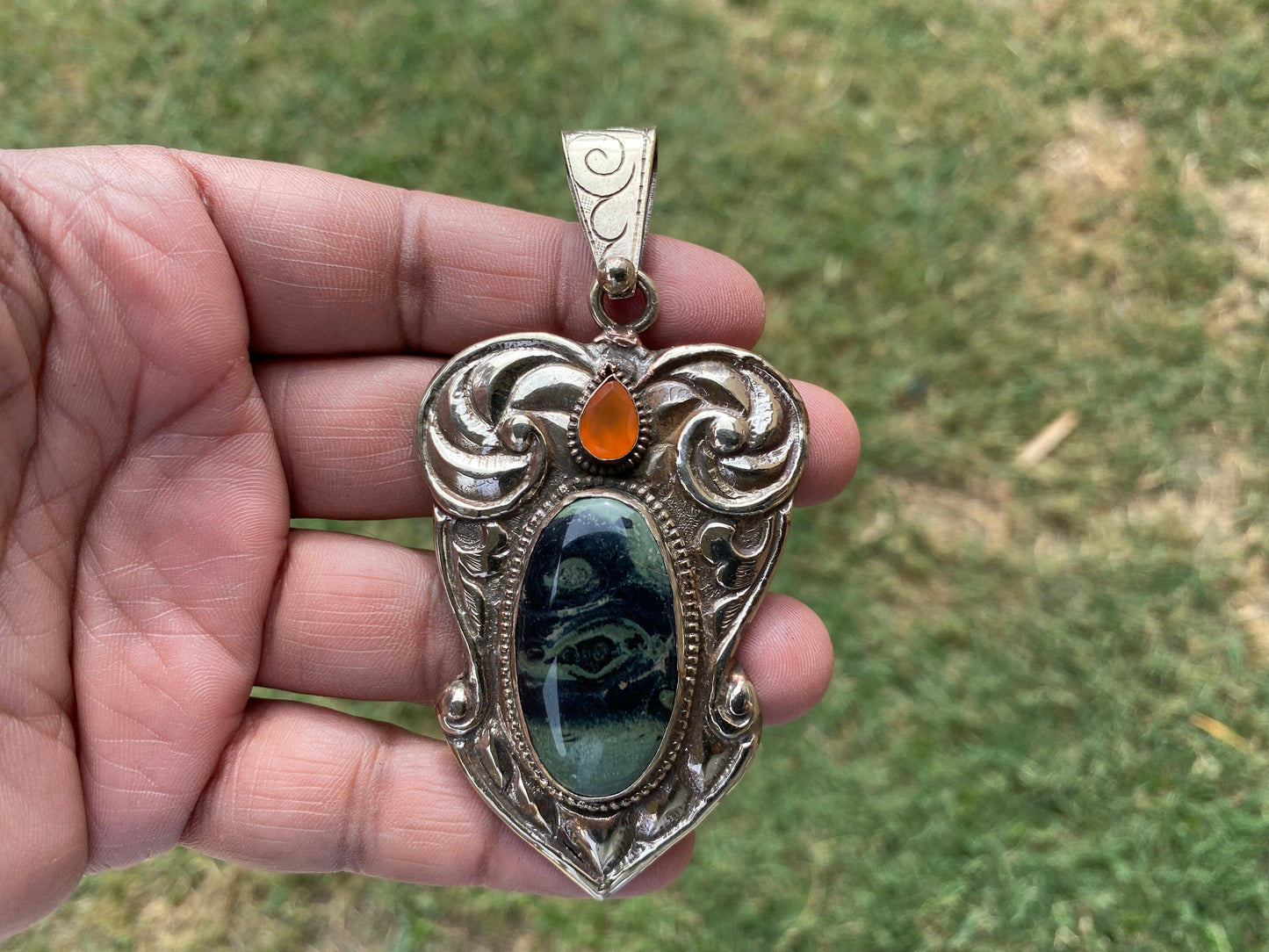 Kambaba Jasper Natural Stone With Carnelian, Tibetan Silver Pendant, Ethnic Jewelry, Jewelry for Women, Necklace Pendant, Bohemian Jewelry
