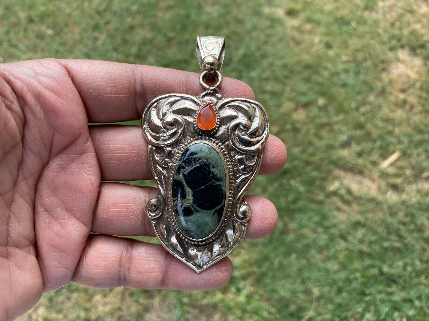 Kambaba Jasper Natural Stone With Carnelian, Tibetan Silver Pendant, Ethnic Jewelry, Jewelry for Women, Necklace Pendant, Bohemian Jewelry