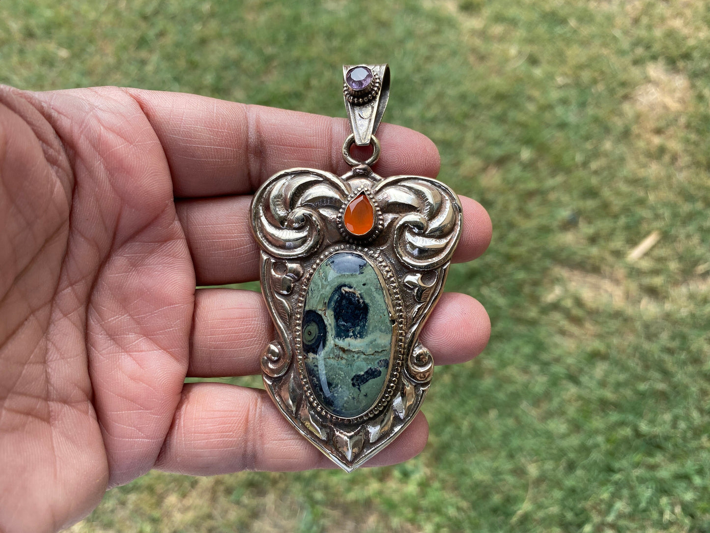 Kambaba Jasper Natural Stone With Carnelian, Tibetan Silver Pendant, Ethnic Jewelry, Jewelry for Women, Necklace Pendant, Bohemian Jewelry