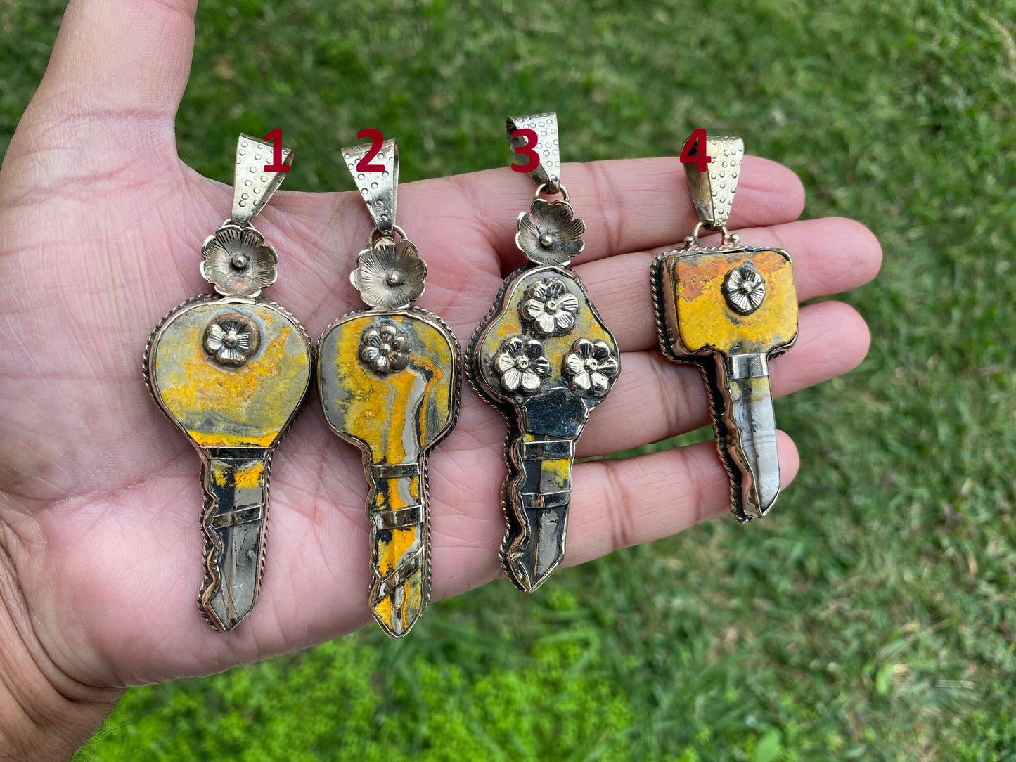 Key Pendant, Natural Stone Bumblebee Jasper Tibetan Silver Pendant, Key Jewelry, Happiness Fortune Gift for Men or Women, Skeleton Key