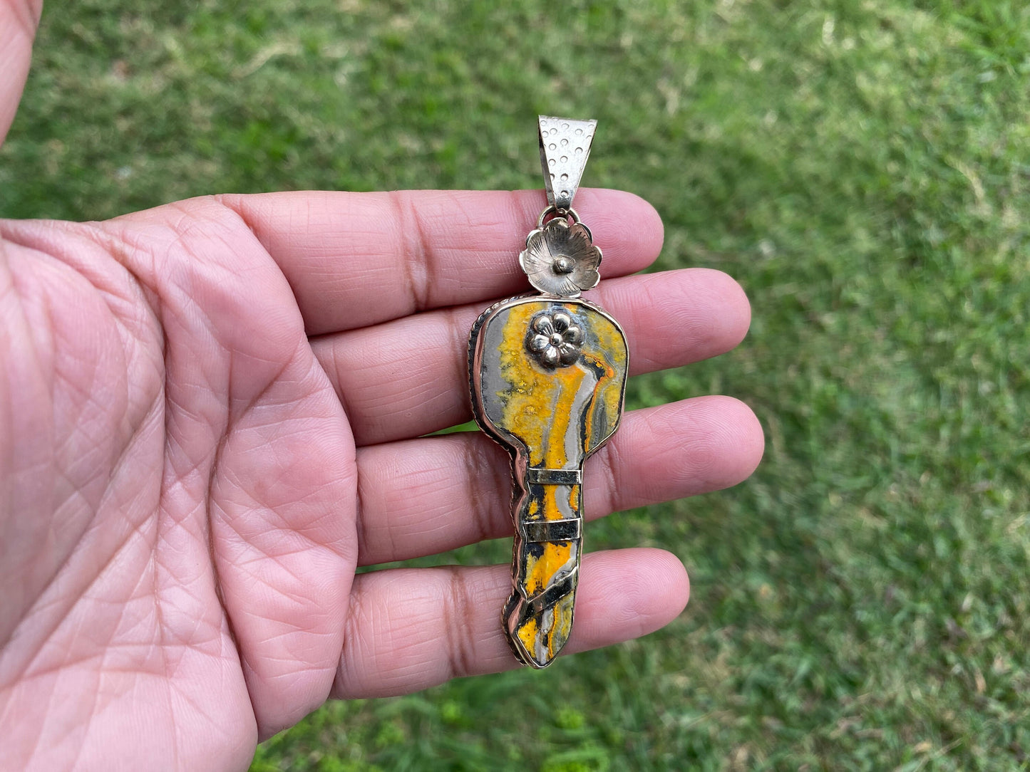 Key Pendant, Natural Stone Bumblebee Jasper Tibetan Silver Pendant, Key Jewelry, Happiness Fortune Gift for Men or Women, Skeleton Key