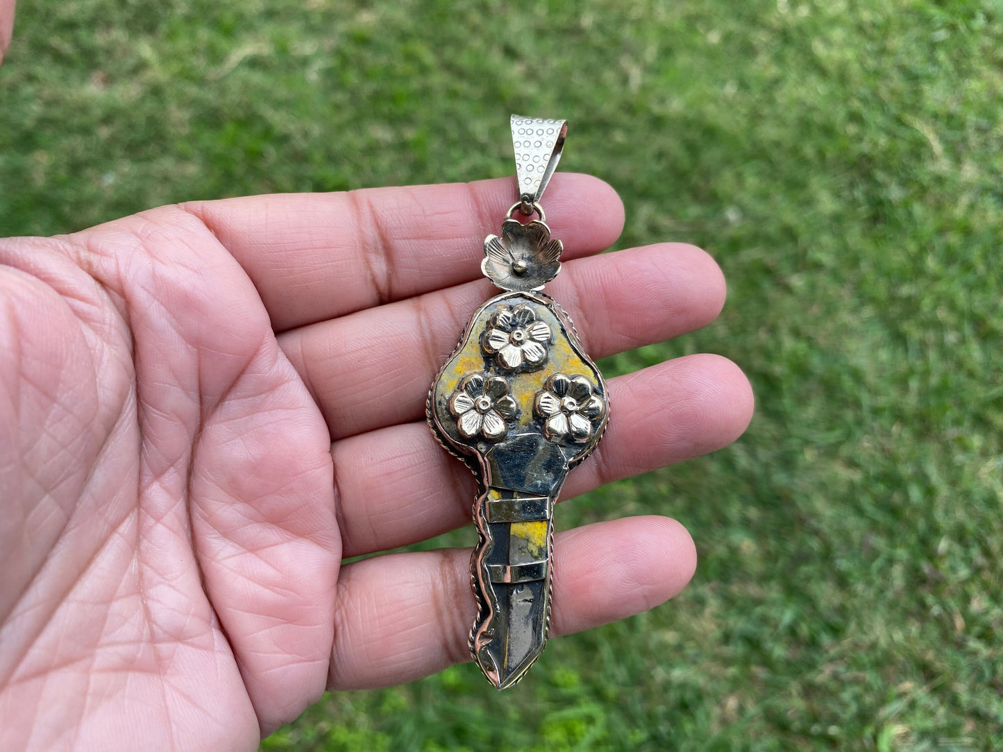 Key Pendant, Natural Stone Bumblebee Jasper Tibetan Silver Pendant, Key Jewelry, Happiness Fortune Gift for Men or Women, Skeleton Key