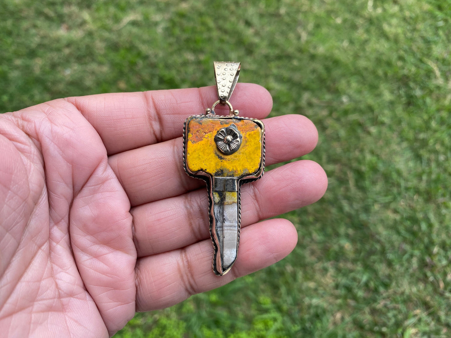 Key Pendant, Natural Stone Bumblebee Jasper Tibetan Silver Pendant, Key Jewelry, Happiness Fortune Gift for Men or Women, Skeleton Key