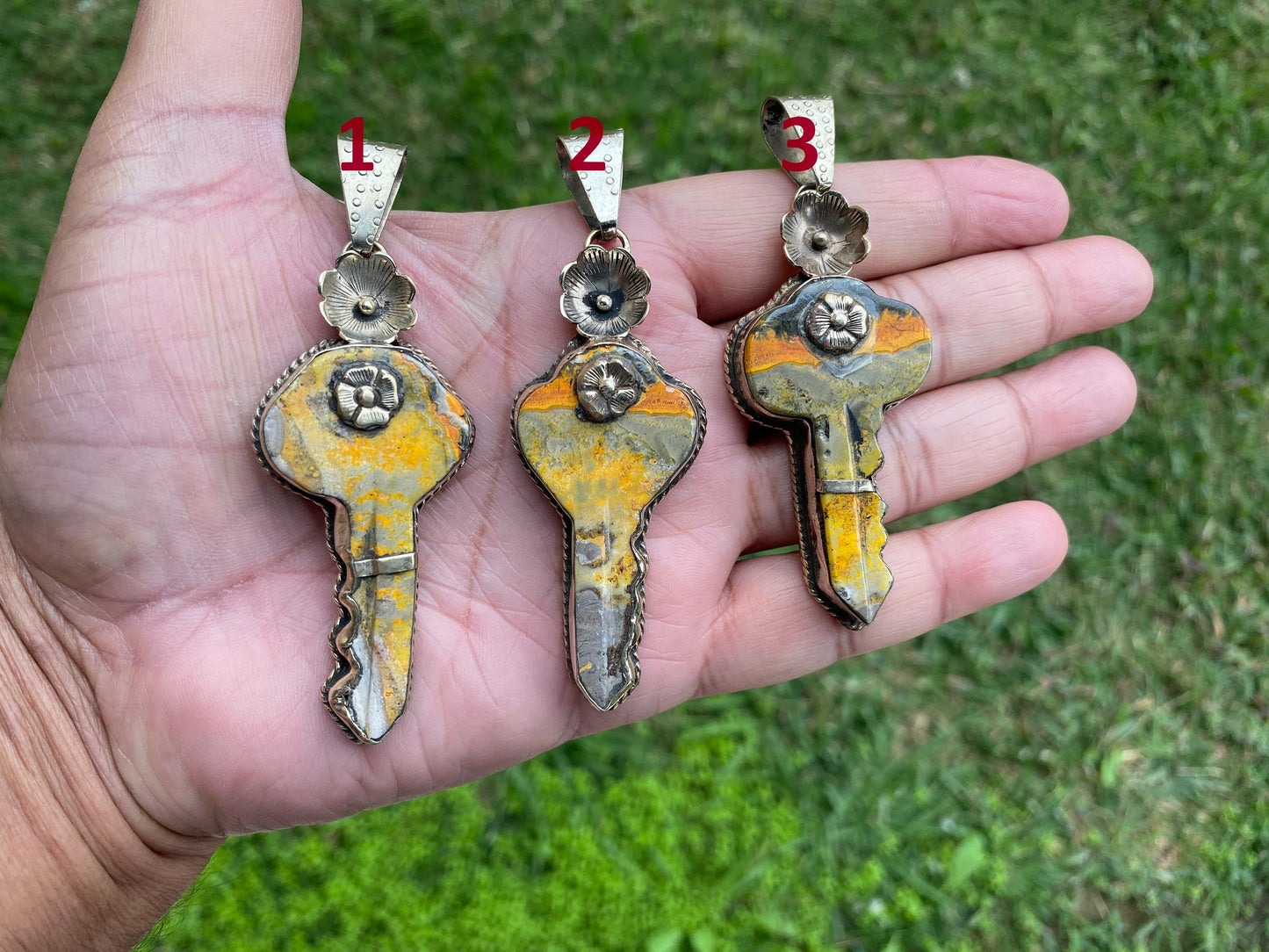 Key to Nature's Beauty Bumblebee Jasper Tibetan Silver Pendant, Handmade Key-Shaped Jewelry, Artistic Key Pendant, Boho Style Jasper Pendant