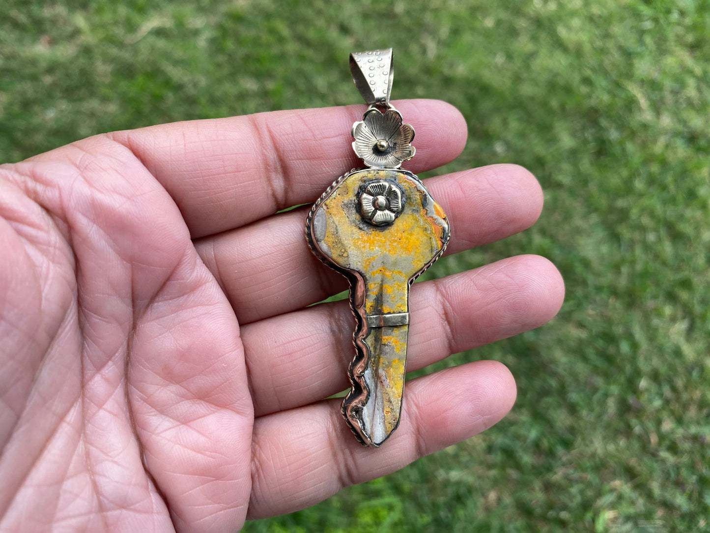 Key to Nature's Beauty Bumblebee Jasper Tibetan Silver Pendant, Handmade Key-Shaped Jewelry, Artistic Key Pendant, Boho Style Jasper Pendant