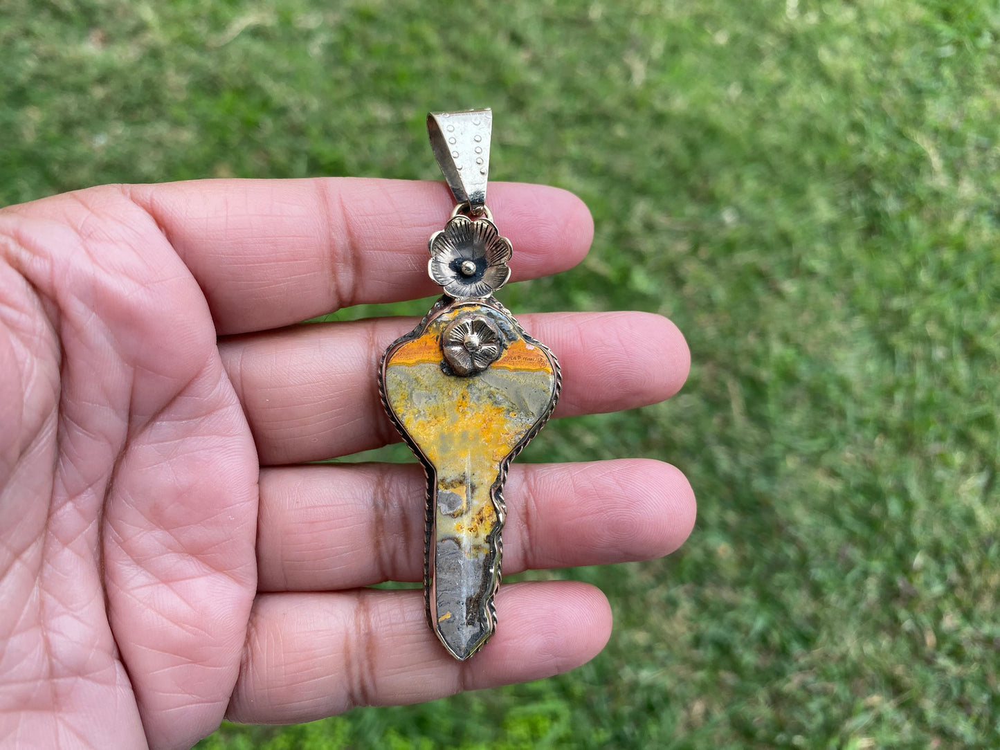Key to Nature's Beauty Bumblebee Jasper Tibetan Silver Pendant, Handmade Key-Shaped Jewelry, Artistic Key Pendant, Boho Style Jasper Pendant