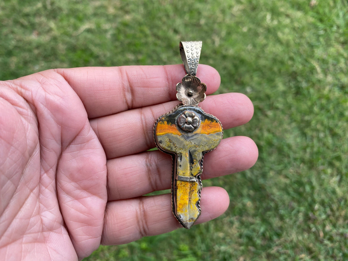 Key to Nature's Beauty Bumblebee Jasper Tibetan Silver Pendant, Handmade Key-Shaped Jewelry, Artistic Key Pendant, Boho Style Jasper Pendant