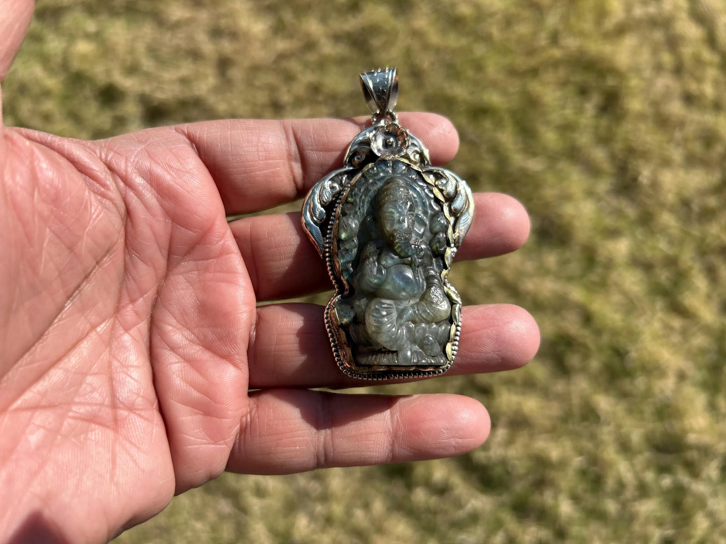 Lord Ganesh Labradorite Pendant, Known As the Remover of Obstacles, Tibetan Silver, Hindu Amulet, Spiritual Jewelry, Stone Carved Ganesh