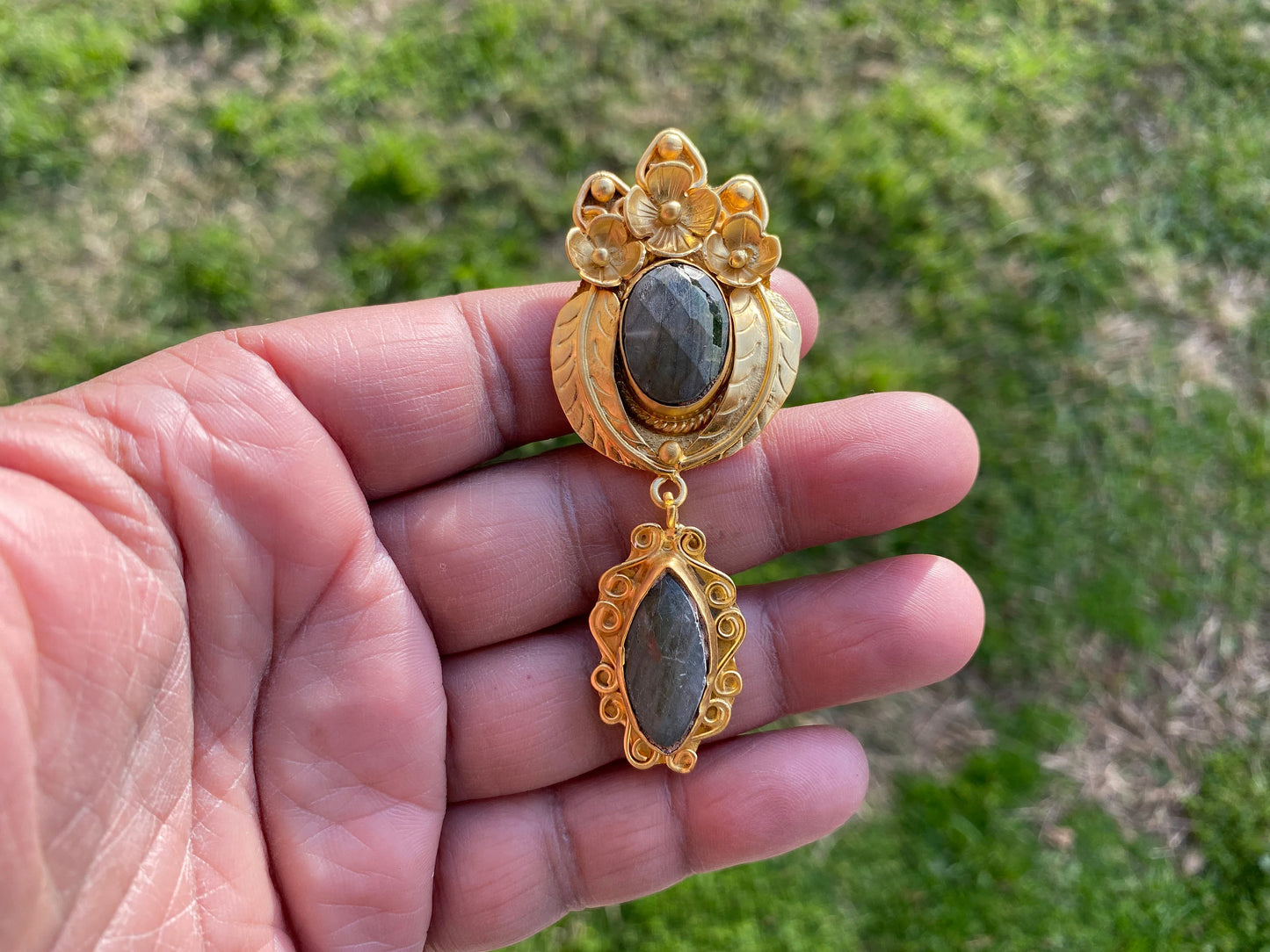 Labradorite Dangle Brushed Gold Overlay Pendant, Non Tarnish Jewelry, Natural Raw Stone, Healing Stone for Necklace, Labradorite Jewelry