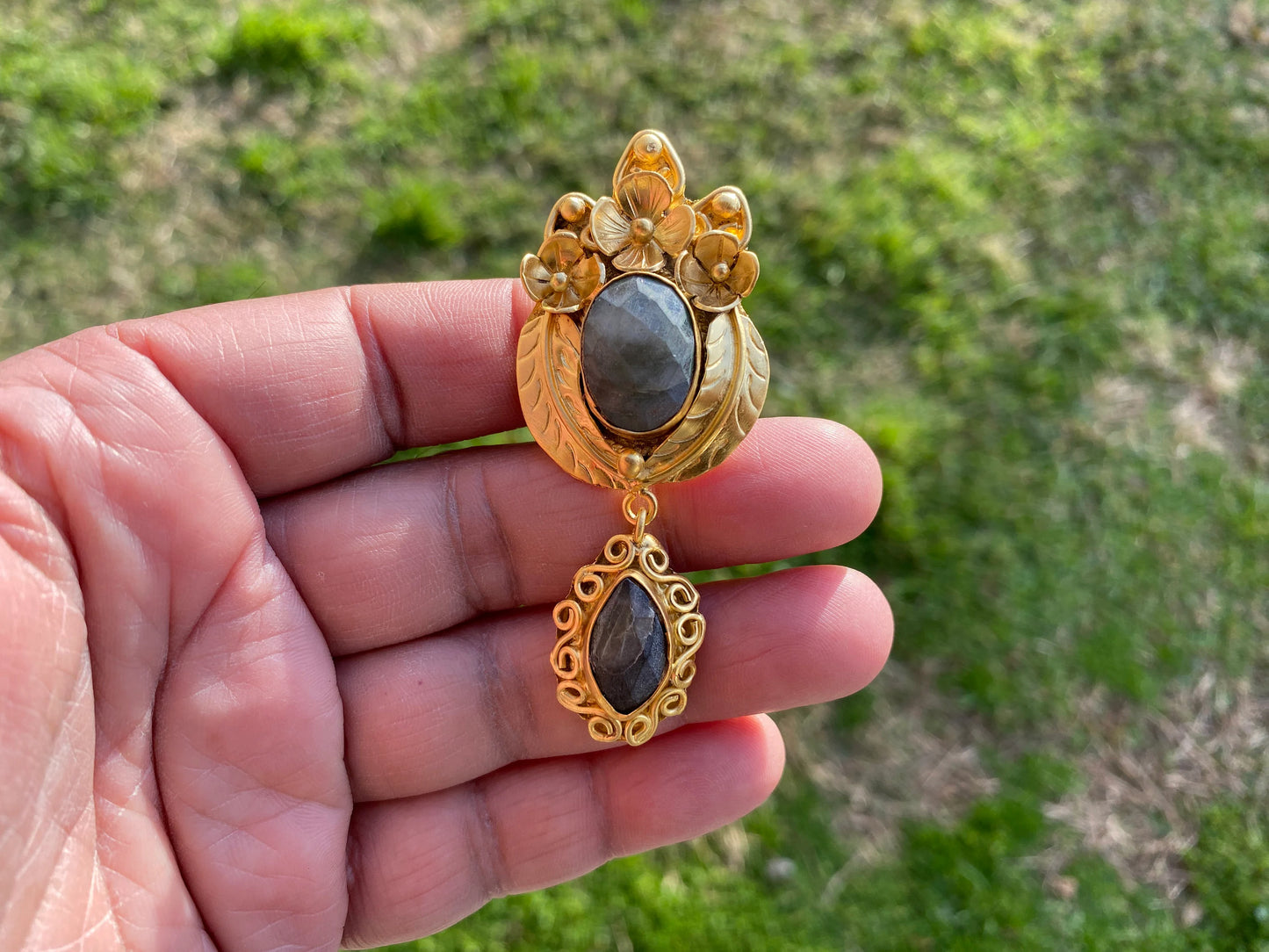 Labradorite Dangle Brushed Gold Overlay Pendant, Non Tarnish Jewelry, Natural Raw Stone, Healing Stone for Necklace, Labradorite Jewelry