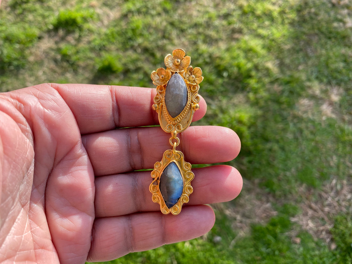 Labradorite Dangle Brushed Gold Overlay Pendant, Non Tarnish Jewelry, Natural Raw Stone, Healing Stone for Necklace, Labradorite Jewelry